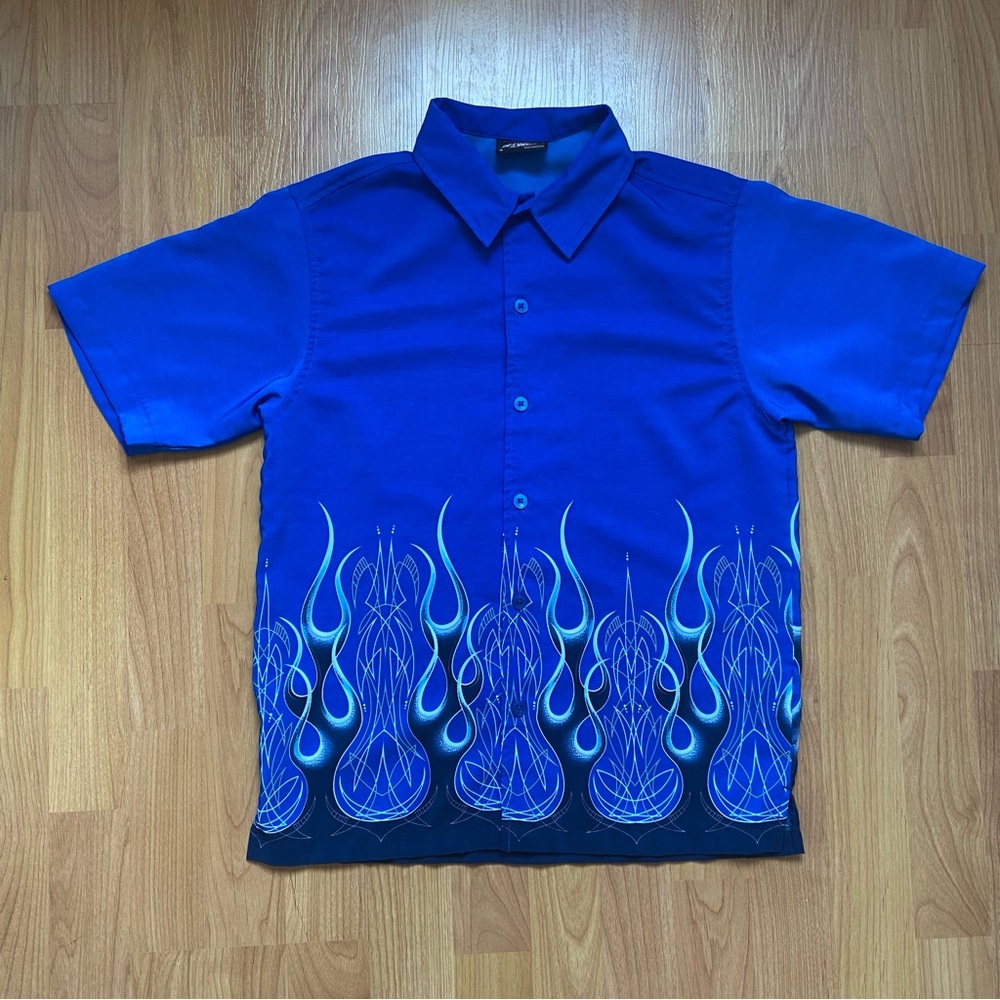 Vintage Xtreme Gear Men’s Y2K Blue Flames Button Up Shirt Size XS-Small